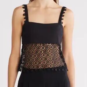 Simkai Dorian guipure lace-paneled linen-blend top Size M Black